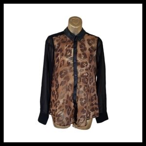 Sheer Leopard Print Collared Long Sleeve Button Down